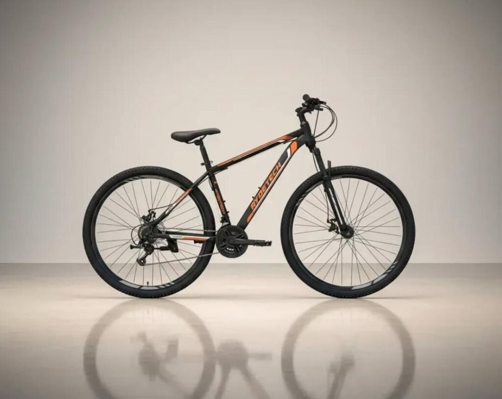 Bicicleta mountain bike Rydetech negra y naranja