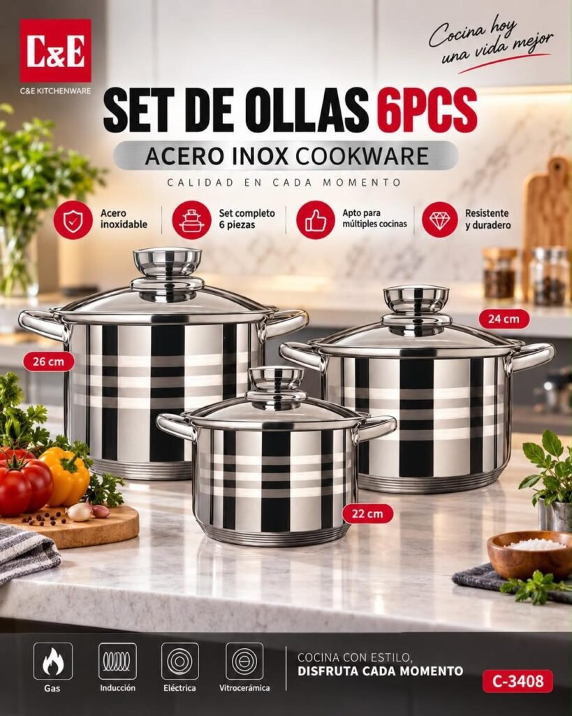 Set de ollas 6 piezas C&E acero inoxidable